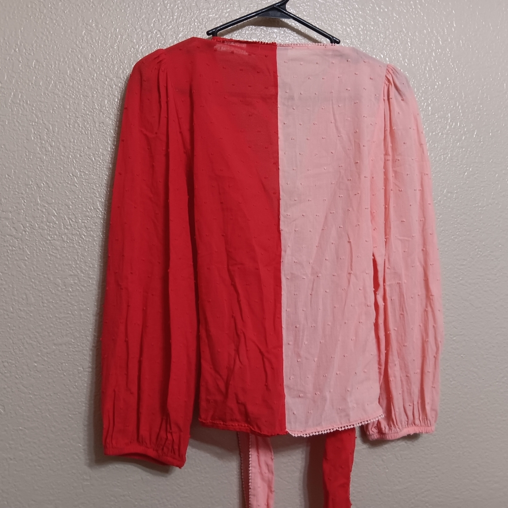 Farm Rio Pink Red Colorblock Swiss Dot Wrap Top - Picture 5 of 6